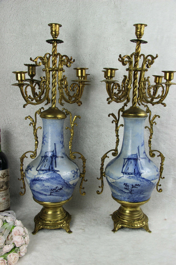 PAIR delft blue white faience Candelabras candle holder mill landscape