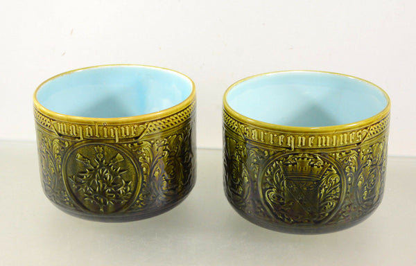 PAIR French Sarreguemis mark barbotine pottery planter with escutcheons