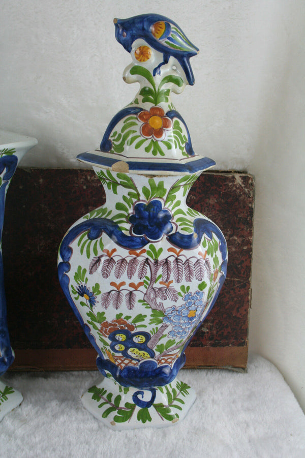 Antique 19thc  Set Delft pottery  Holland Polychrome Bird Vases set marked