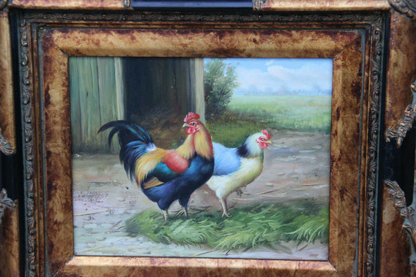PAIR French vintage OIL panel Chicken rooster animal painting matching