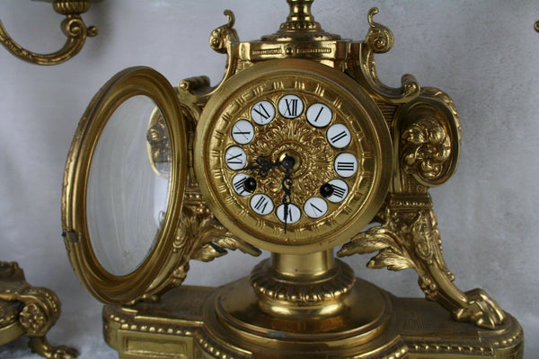 French Vintage Bronze clock candelabras eagle / lion paw unusual set FHS movemen