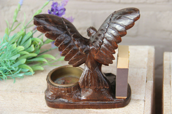 Antique German Black forest wood carved Ashtray matches holder set eagle bird