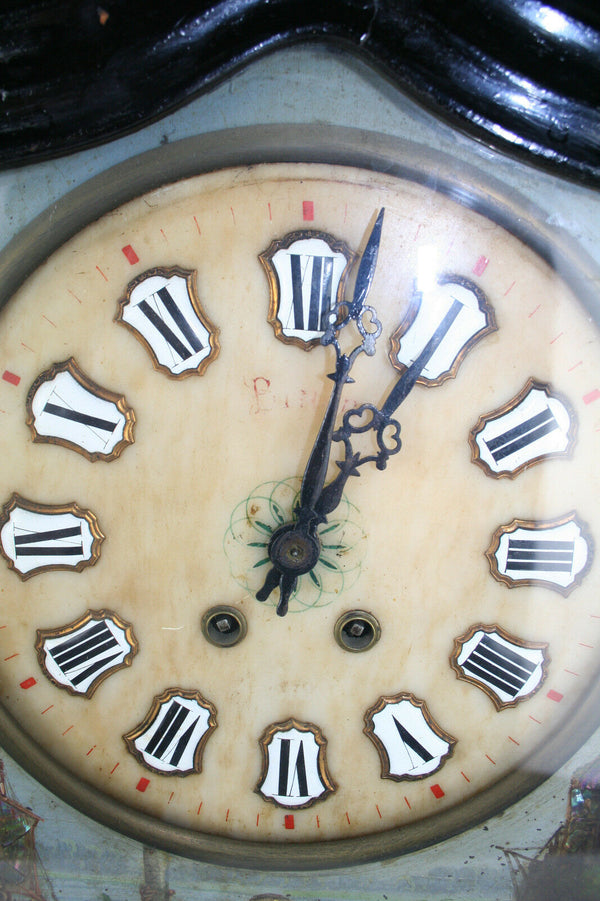 French ' Oeil de boeuf' wall clock 1880 oil on copper marine painting rare