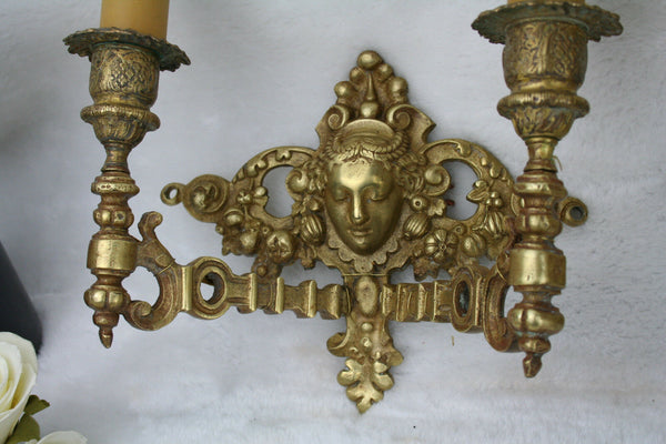 Pair French Bronze brass putti cherub angel heads wall sconces lights 1930