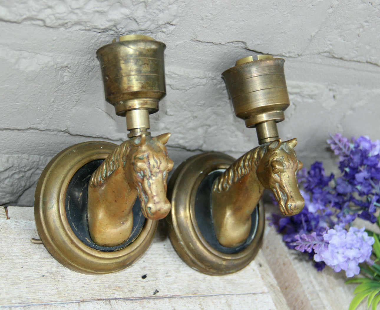 PAIR French equestrian horse brass wall lights sconces  attr maison jansen 1960