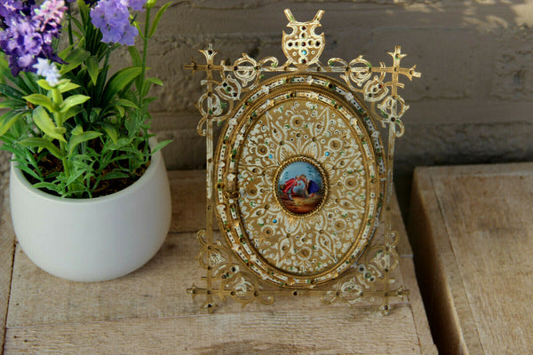 Rare french antique brass inlaid stones enamel porcelain medaillon picture frame