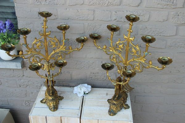 Rare XL Antique Religious Altar church Candelabras gothic dragon  enamel