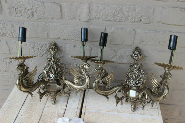 PAIR vintage Brass silver patina Dragon gothic castle sconces wall lights 1960