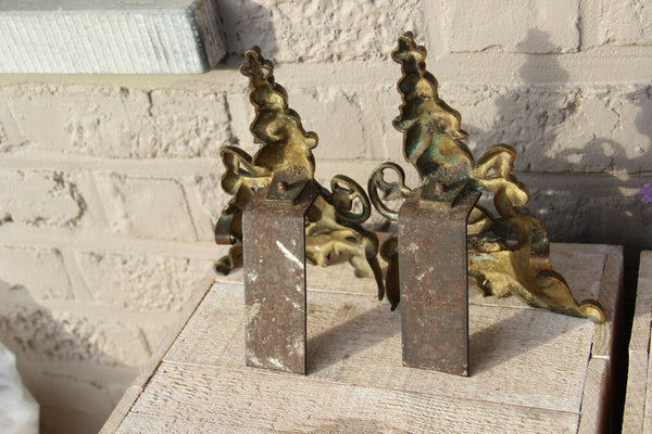 Antique French Bronze fireplace andirons firedogs royal lion kings castle