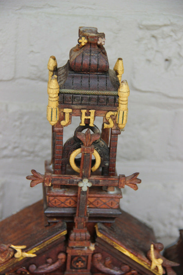 Rare Religious neo gothic oratory Black forest wood carved 1888  saint statue
