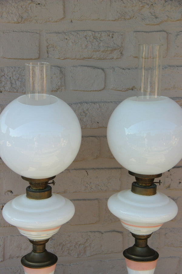 PAIR antique French opaline glass napoleon Josephine oil lamps rare