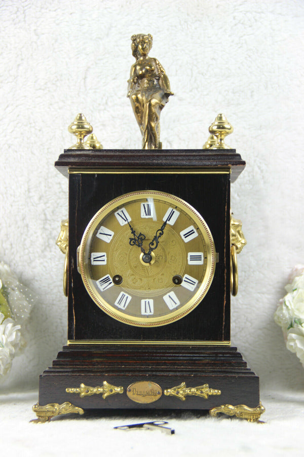 Vintage VANGESTEL Wood carved clock with bronze lady and lion heads 1970s FHS