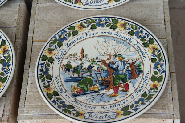 Vintage Delft Goedewagen marked 4 season pottery polychrome plates