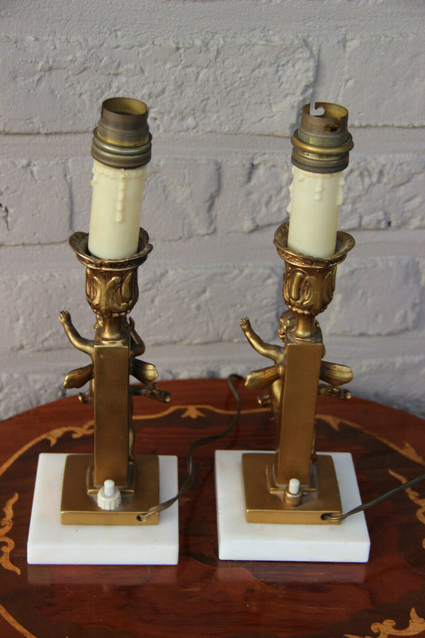 PAIR antique bronze putti angels night table lights lamps onyx marble base 1920