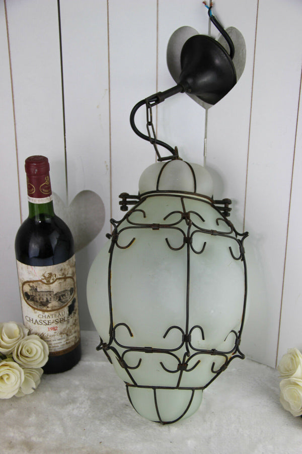 Gorgeous ITALIAN SEGUSO hand blown glass Caged Lantern lamp chandelier 70's