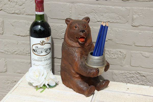 LARGE Antique hand Black forest wood carved swiss bear statue desk pen holder