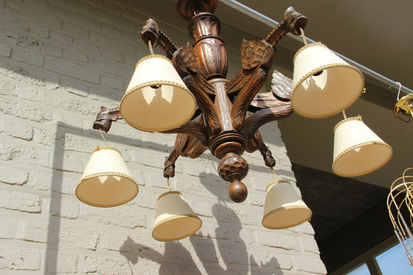 Antique french black forest wood carved gothic castle dragon chandelier