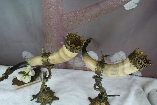 PAIR antique Cornucopia horn Gothic dragon chimaera with eagle on top rare
