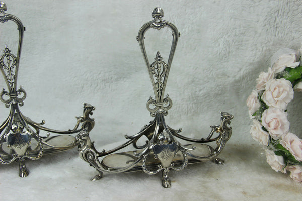 PAIR Antique Christofle Silver Plated Oil Vinegar Stand gothic dragons monogram