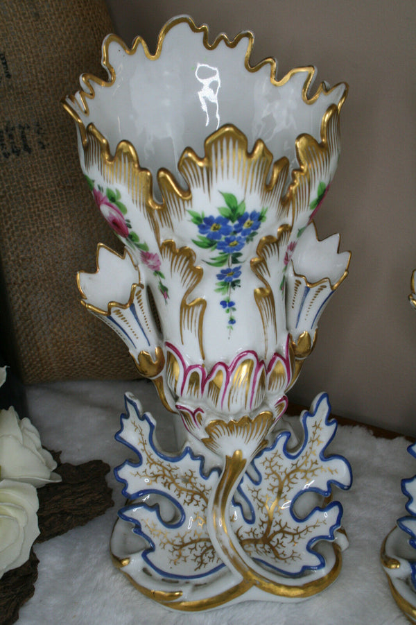 Antique 19thC PAIR vieux paris porcelain floral decor Vases style de Jacob petit