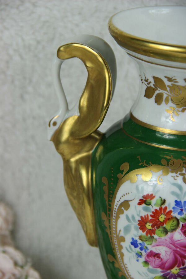 PAIR French Limoges PILLIVUYT marked porcelain Floral vases swan handles