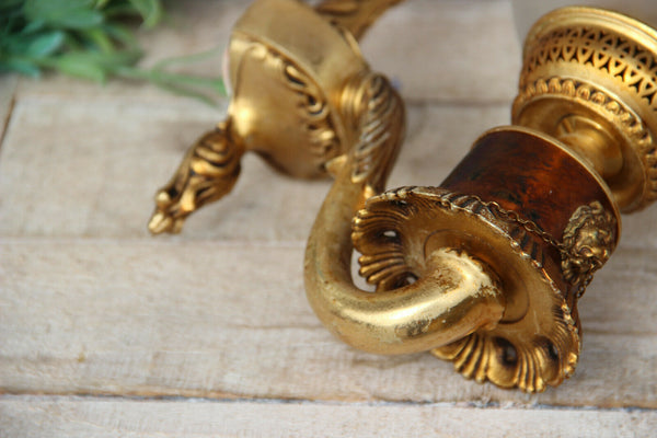 PAIR vintage 1960 French brass metal Lion head wall lights sconces glass globe