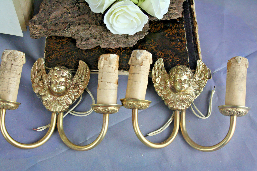 PAIR French brass bronze Wall sconces lamps lights Angels putti cherubs 1930