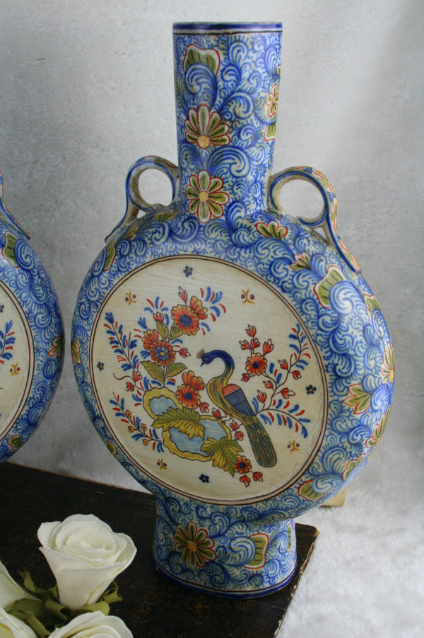 Unusual RARE DELFT marked Kocks Moonflask floral polychrome peacock Vases