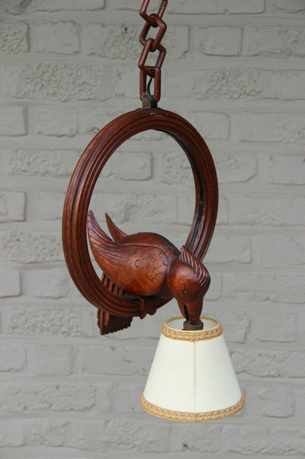 Vintage French Black forest wood carved bird pendant chandelier lamp