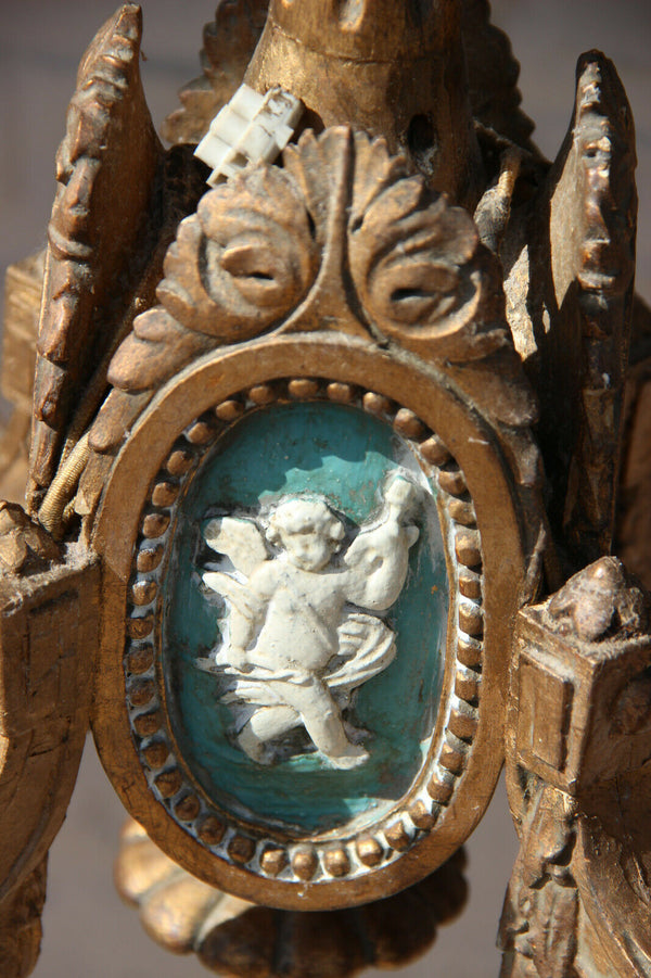 Antique French Wood carved  chandelier putti Angel scenes medaillon wedgwood