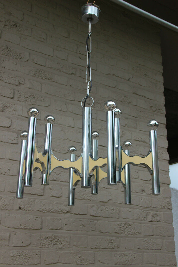 Mid century SCIOLARI 9 arm tube chrome Chandelier Italy 1970