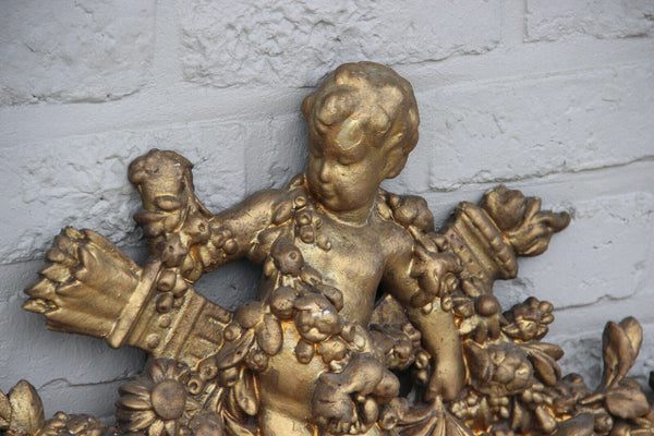 French Antique 19th c Louis XV Pediment Crown Plaster Crest putti angel rare