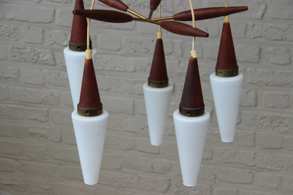 Mid century Retro Scandinavian teak wood glass pendant chandelier Louis Kalff