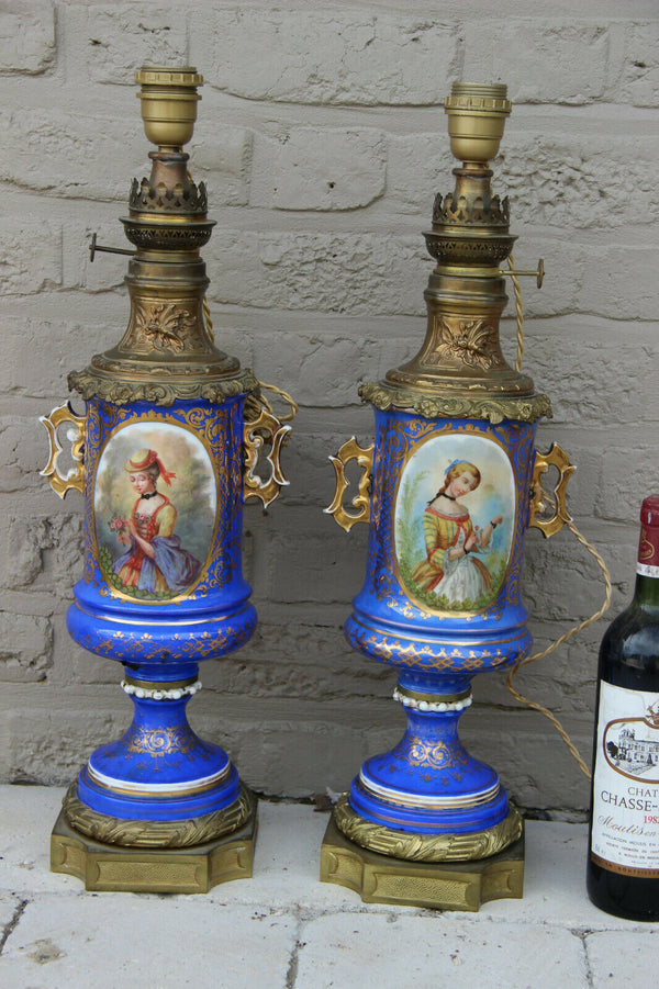 Huge PAIR French antique oil lamp Vieux paris porcelain portrait floral decor