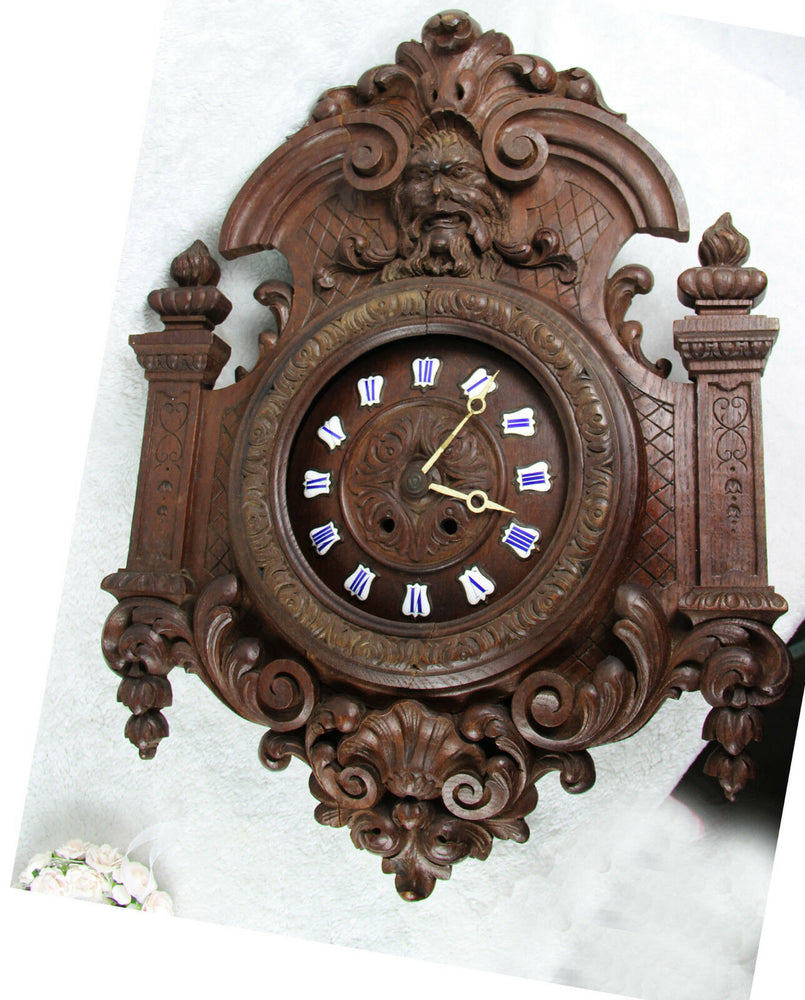 Antique German Black forest wood carved dragon satyr head clock Gothic castle