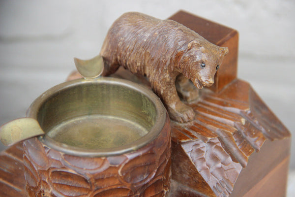 Antique hand Black forest wood carved swiss bear statue music box ashtray