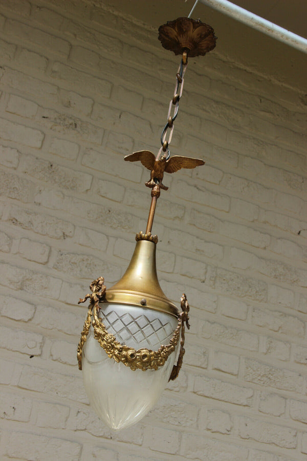 French Brass metal Eagle louis XVI Hall Lantern chandelier pendant crystal glass