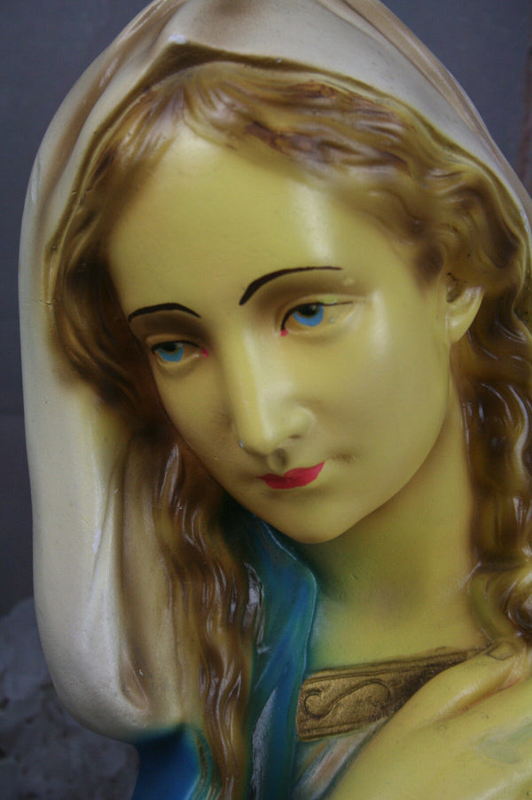 Antique XL French Madonna Mary Buste Plaster chalkware saint statue