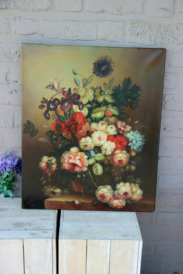 Flemish school vintage oil canvas painting floral flowers bouquet