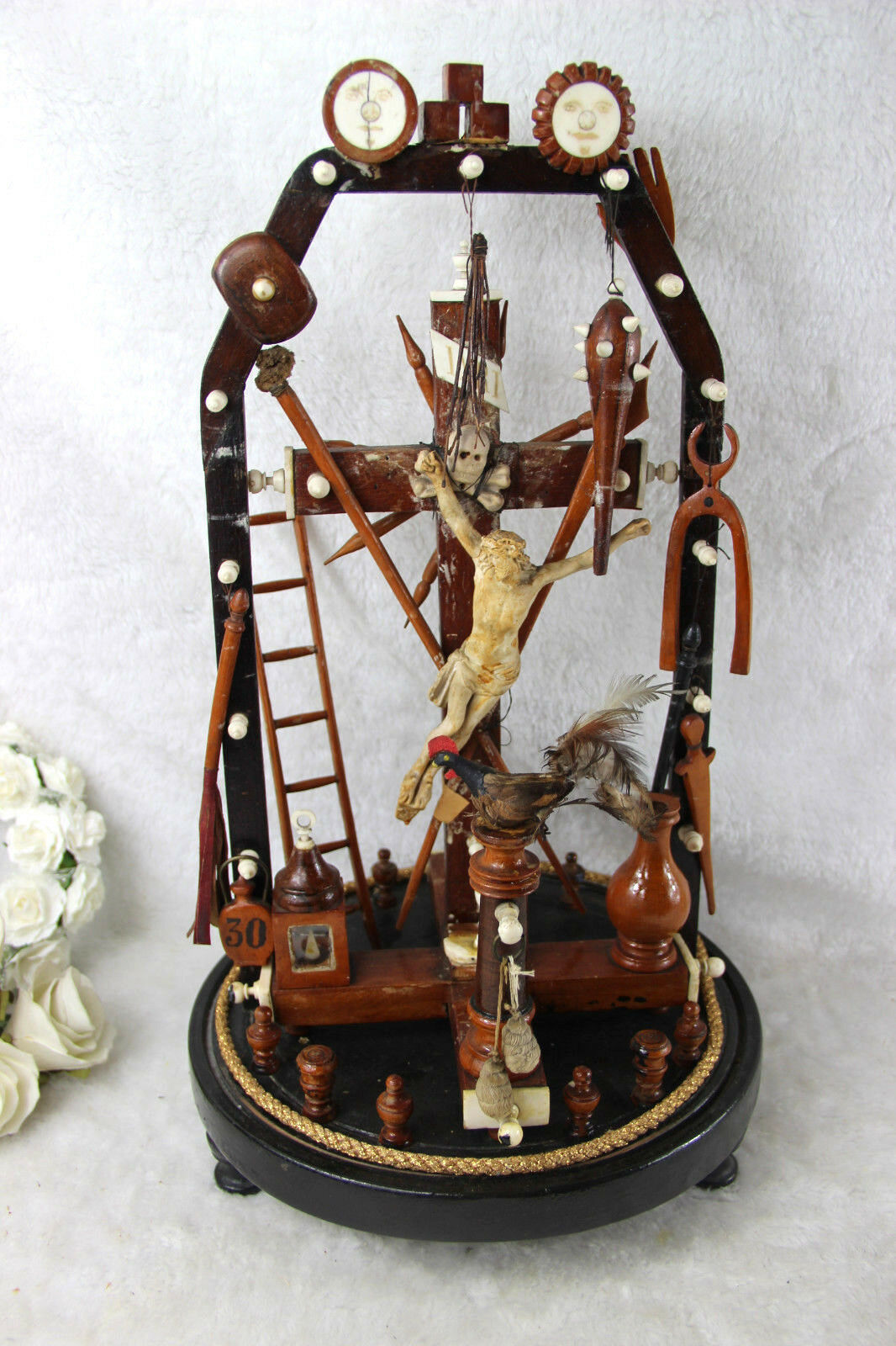 Unusual Antique Crucifix religious folkloric art Christ wood plaster Rare