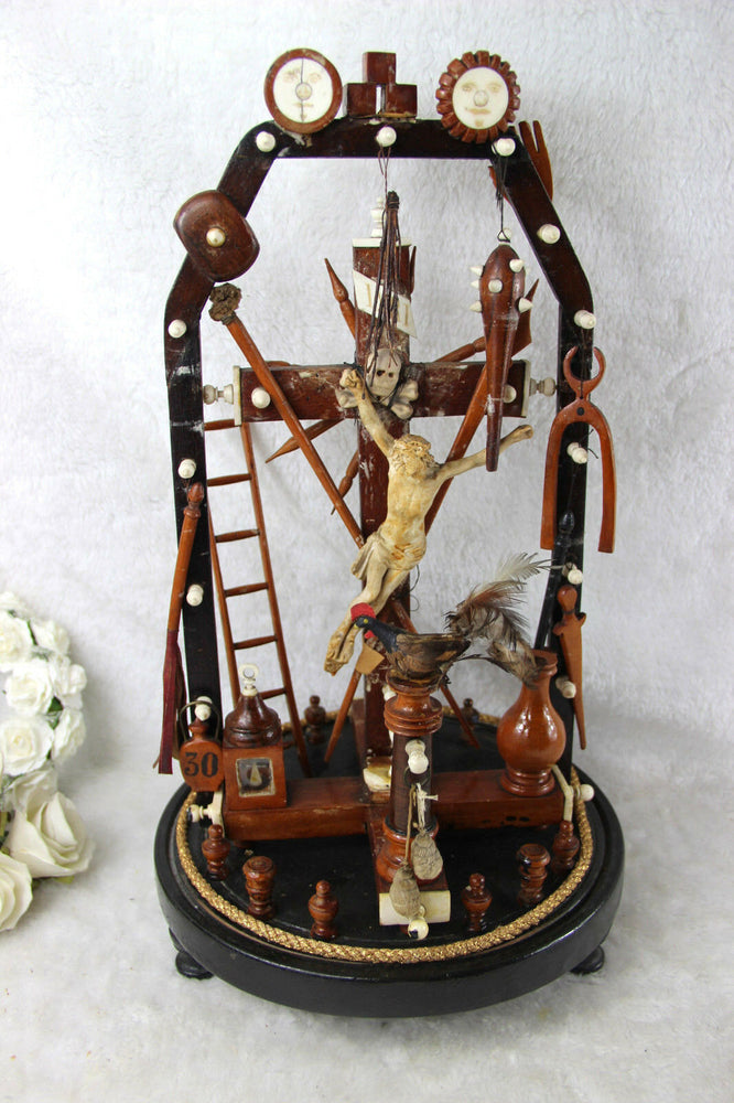 Unusual Antique Crucifix religious folkloric art Christ wood plaster Rare