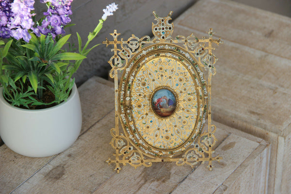 Rare french antique brass inlaid stones enamel porcelain medaillon picture frame