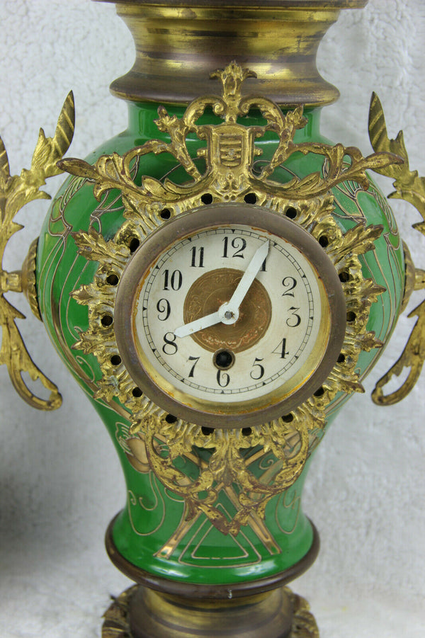 French antique Faience porcelain Green art nouveau clock