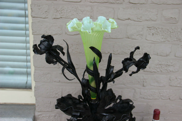 Huge Art nouveau Wrought iron Centerpiece table vase uranium glass Van Boeckel