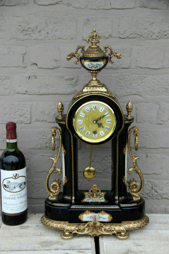 XL ACF sevres porcelain marked Mantel clock floral decor