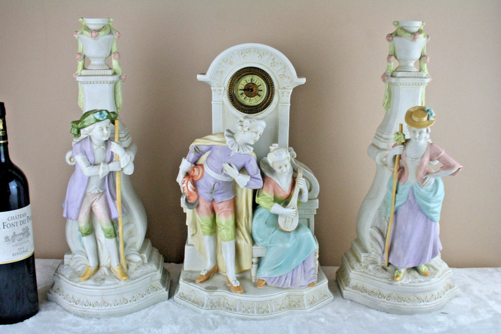 Stunning Mantle Clock Garniture porcelain bisque figurines set 1960 french