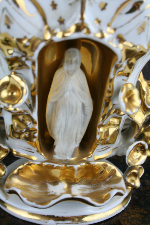 Rare french antique old paris porcelain cornet vase with madonna holy water font