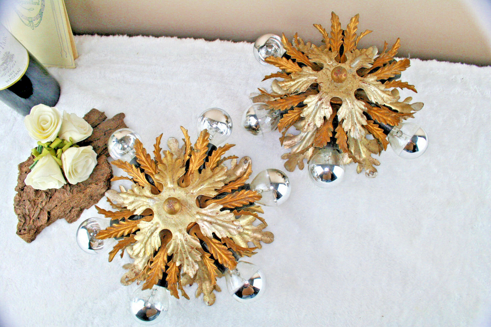 PAIR mid century Wall lights sconces metal leaves gout de maison jansen 70's