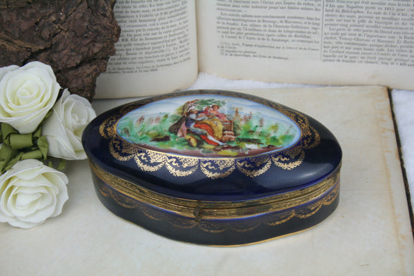 Antique Cobalt blue porcelain bonbonniere box victorian scene marked