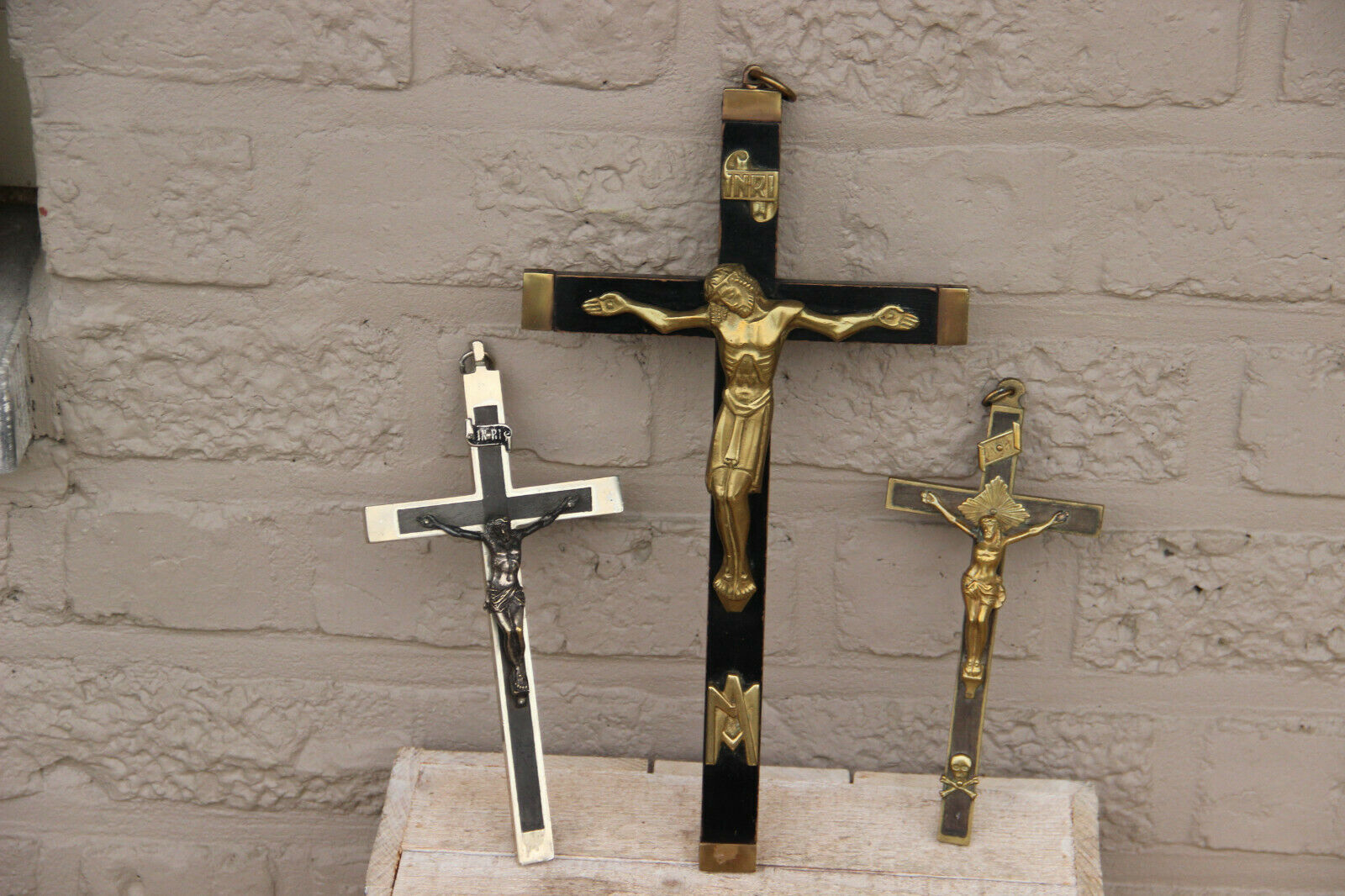Set 3 antique french religious metal wood crucifix